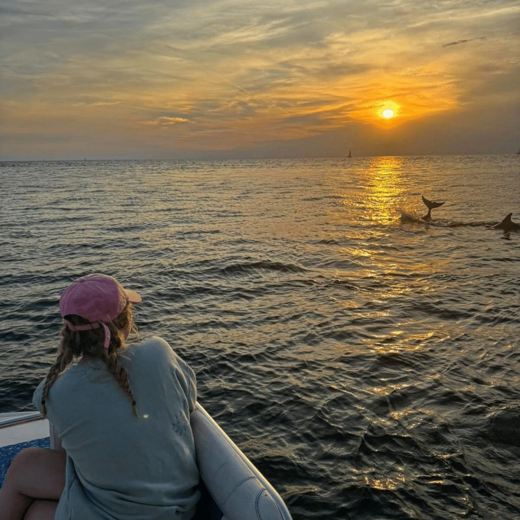 Guest enjoying a Sunset Dolphin Tour & Cruise in Panama City Beach, watching dolphins play in the golden glow of the setting sun