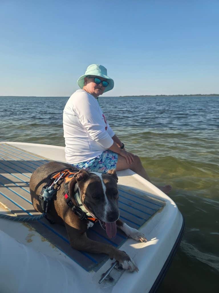 Dog relaxing on the bow of a boat during a Flippin’ Awesome Adventures tour, enjoying one of the top dog friendly things to do in Panama City Beach.