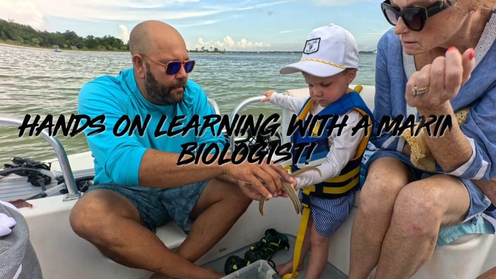 Child learning about a sea star with a marine biologist on a private dolphin tour in Panama City Beach.