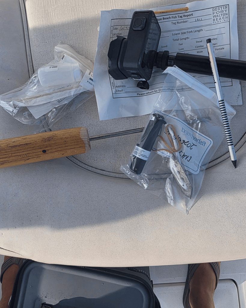 Tarpon tagging equipment laid out on a boat deck, including research tags, a tagging tool, and an official fish tag report form from the Destin Fort Walton Beach coastal resources program